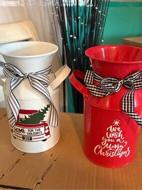 Holiday Metal Milk Can Vase - Red and White